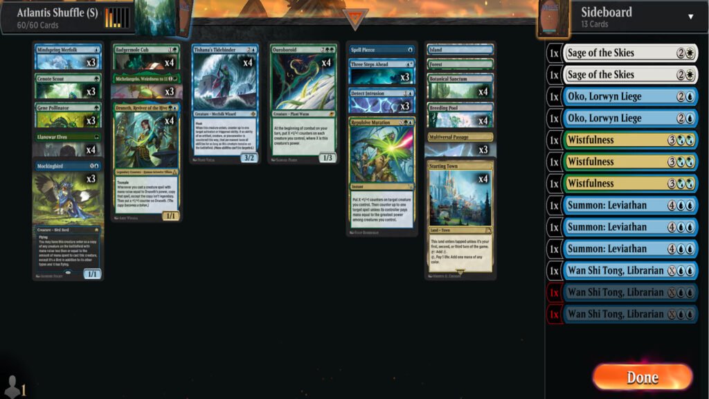 Screenshot showing a MTGA standard deck called Atlantis Shuffle. It also shows some sideboard ideas.