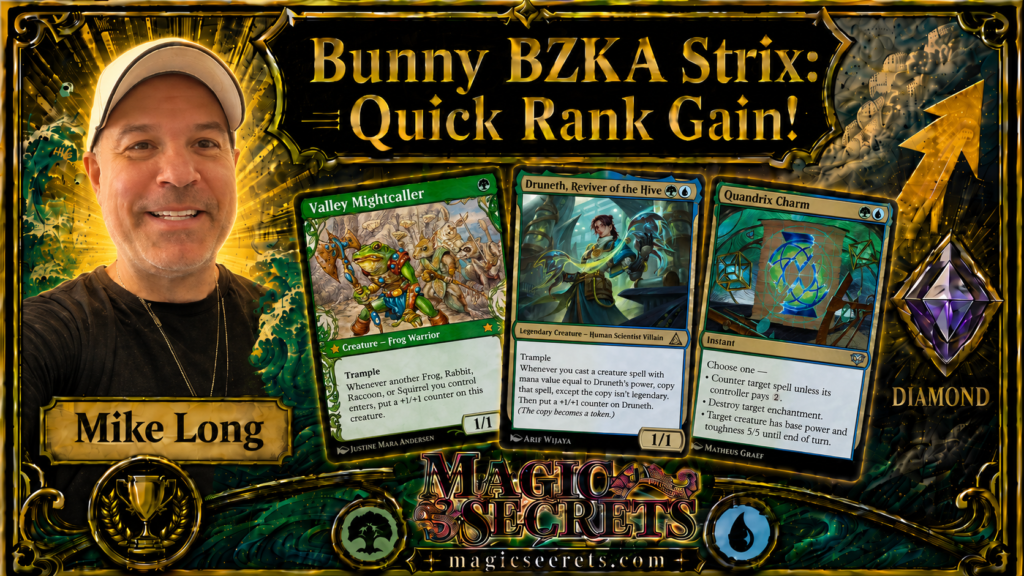 3 Time World Champion MIke Long pointing to three MTG cards (Valley Mightcaller, Druneth, and Quandrix Charm)
