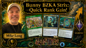 3 Time World Champion MIke Long pointing to three MTG cards (Valley Mightcaller, Druneth, and Quandrix Charm)