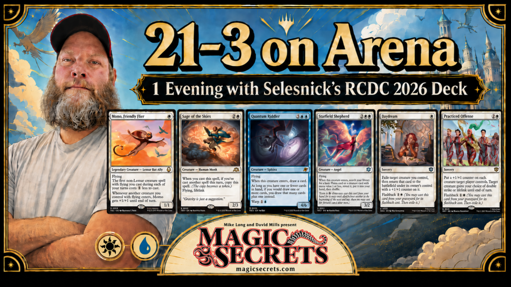 21 and 3 on MTG Arena by Smitty, with Selesnick's RCDC 2026 Momo deck (featured blog image)