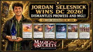 Jordan Selesnick featured on magicsecrets.com, with the main 5 cards of his winning DC deck